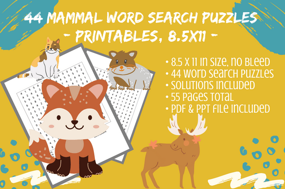 Download 44 Assorted Mammal Animals Word Searches - Premium Resources